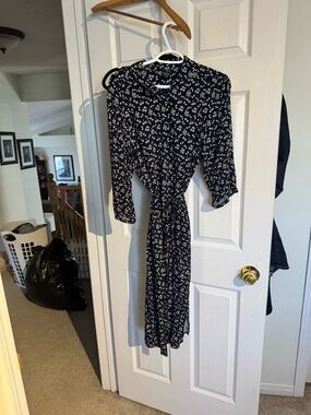 Floral Tie-Waist Midi Dress - Navy